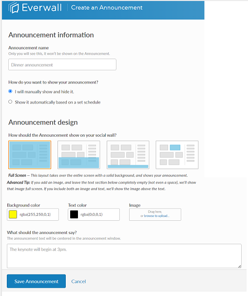 Create a new announcement page 