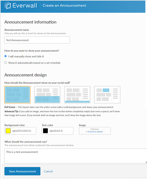 Test Announcement edit page