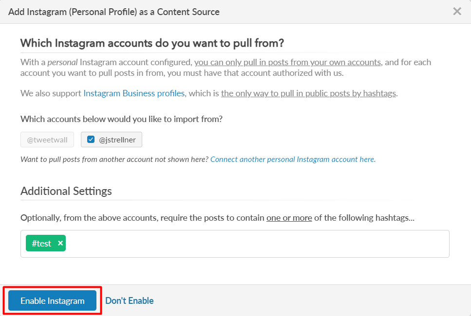 Enable instagram button personal acct