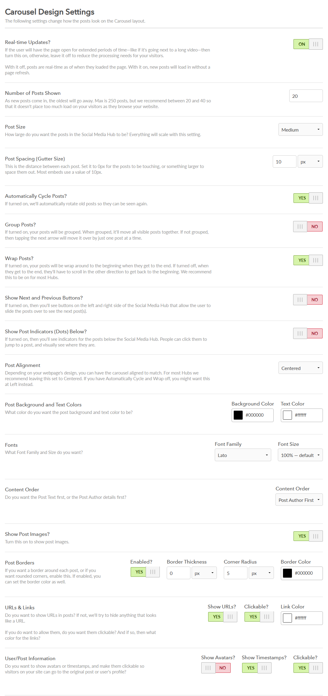 Carousel Design Settings