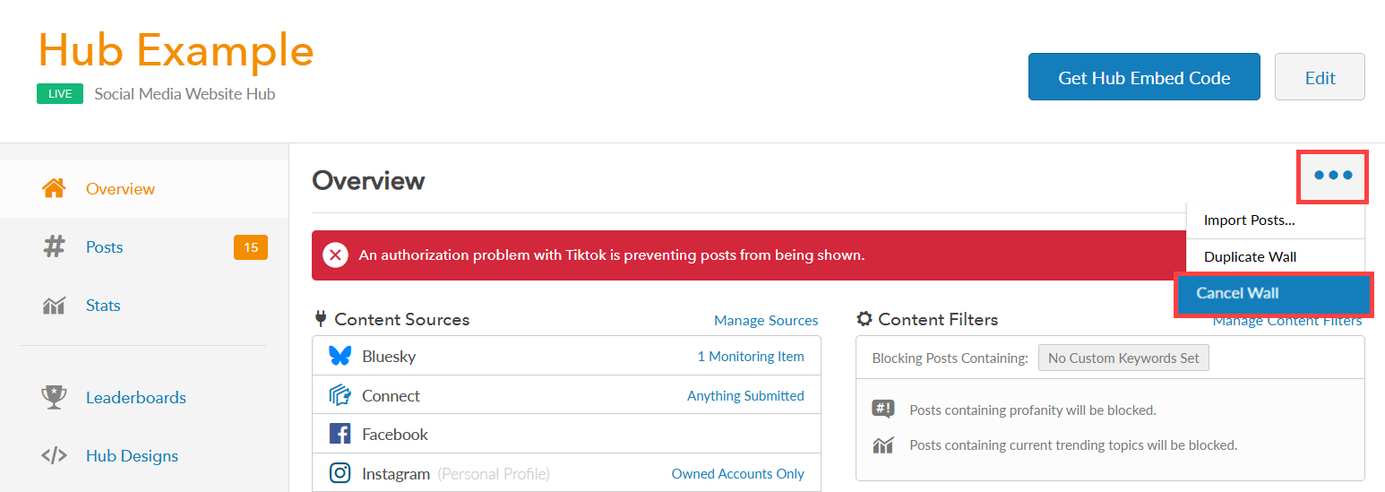 dashboard more options and cancel wall