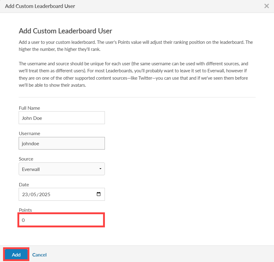 points and add button