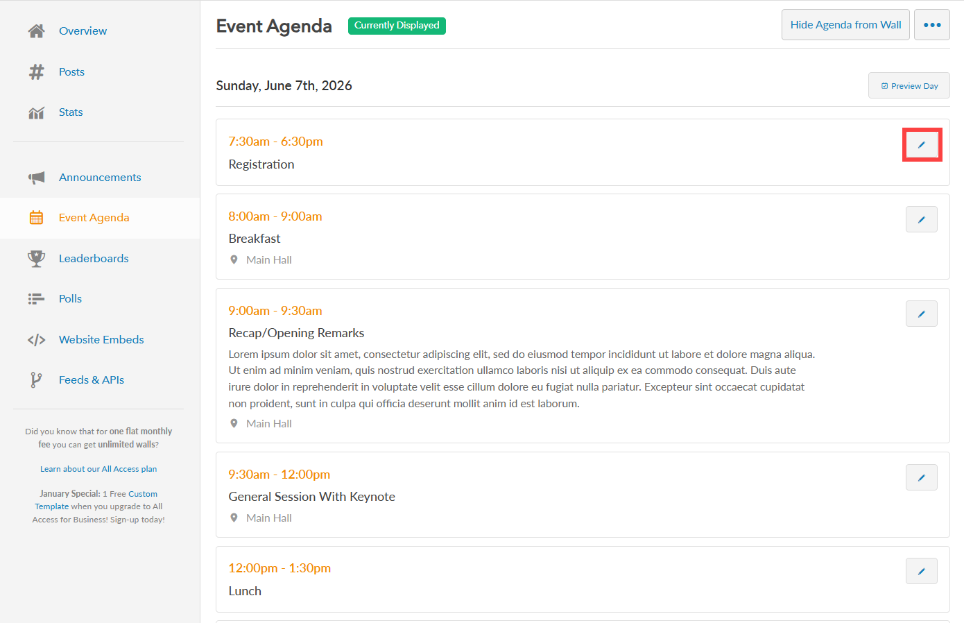 Event Agenda Items edit button