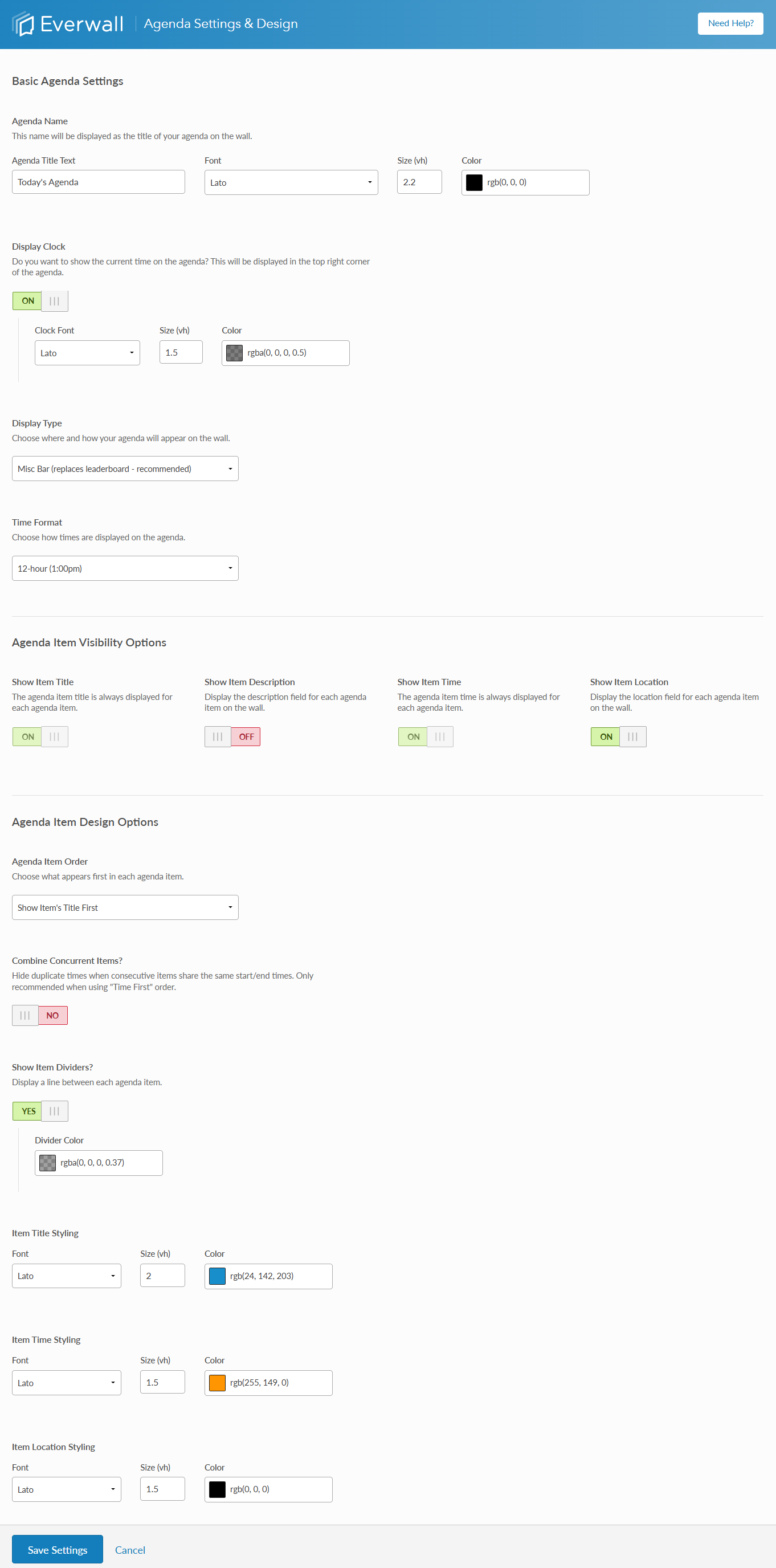 Event Agenda Settings & Design whole page