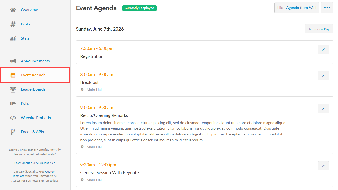 Event Agenda side menu