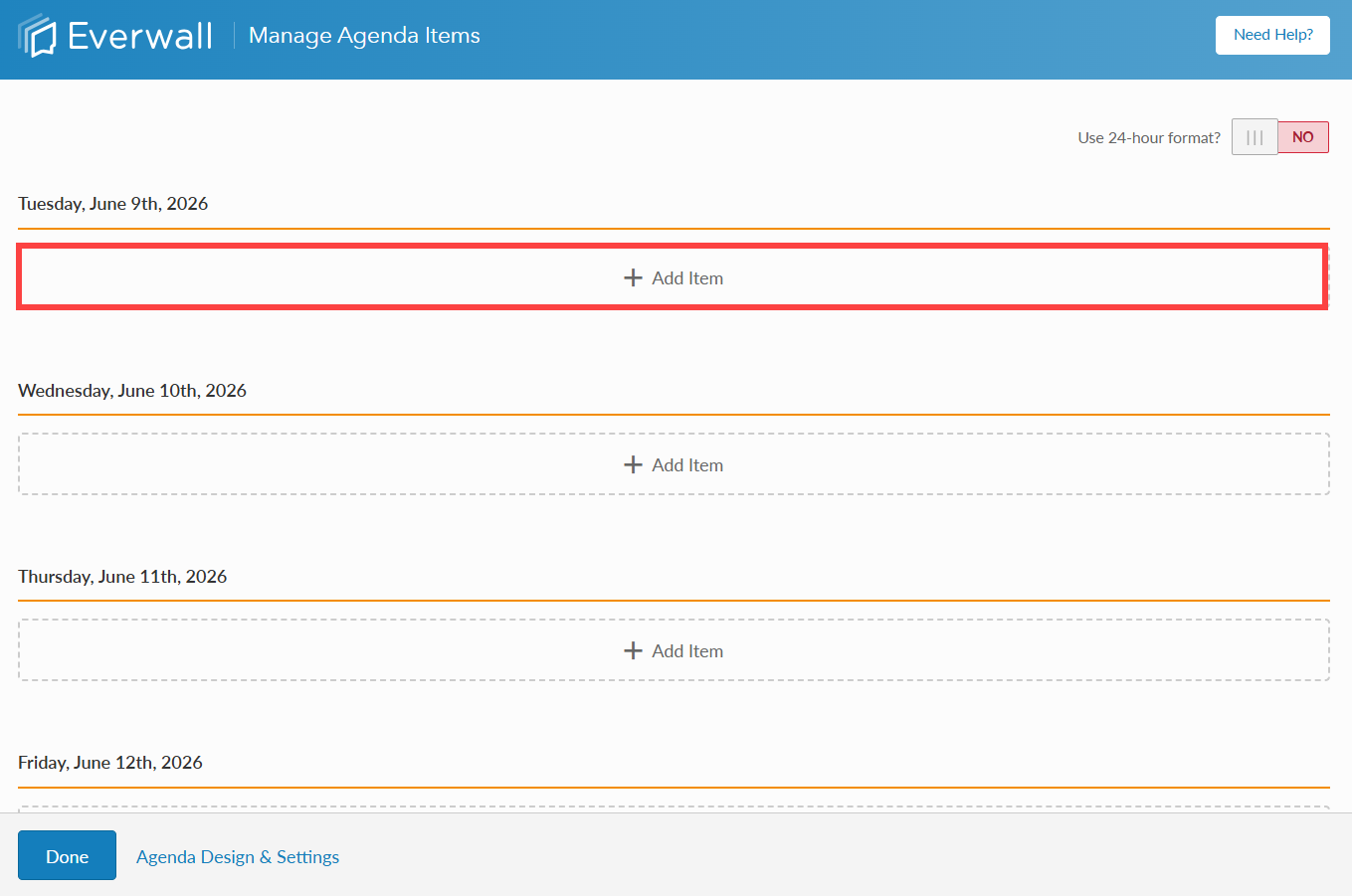 Manage Agenda Items Page - Add item