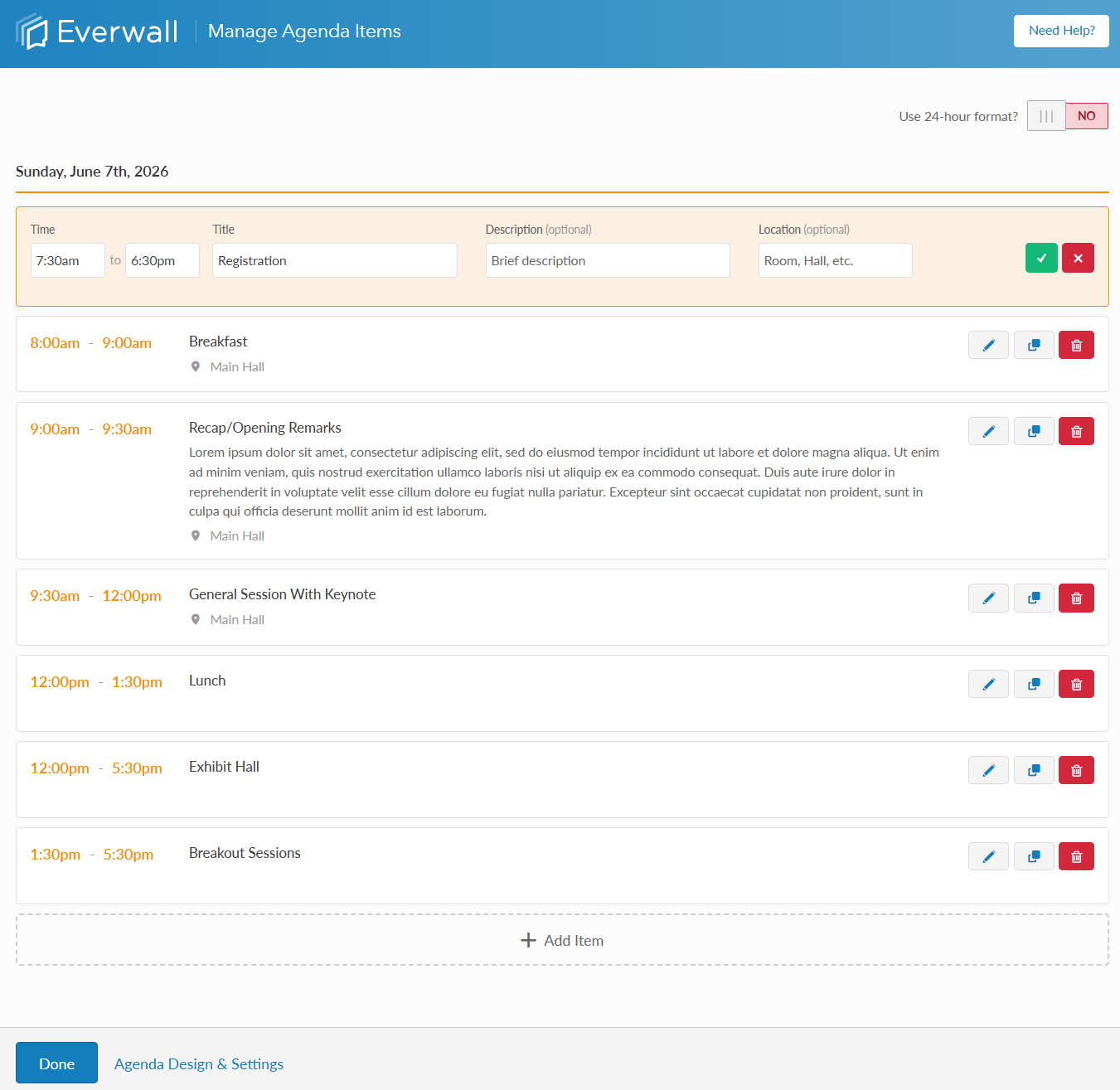 Manage Agenda Items page
