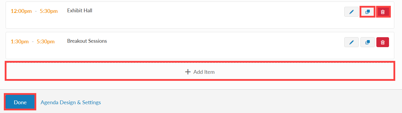 add, duplicate, delete and done button