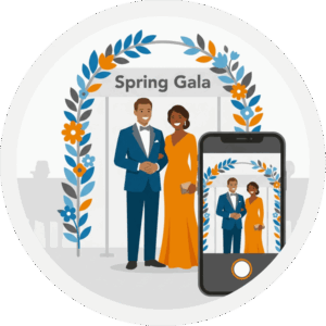 How to Plan a Spring Gala Your Guests Will Post About - Gala guests posing at a floral photo backdrop